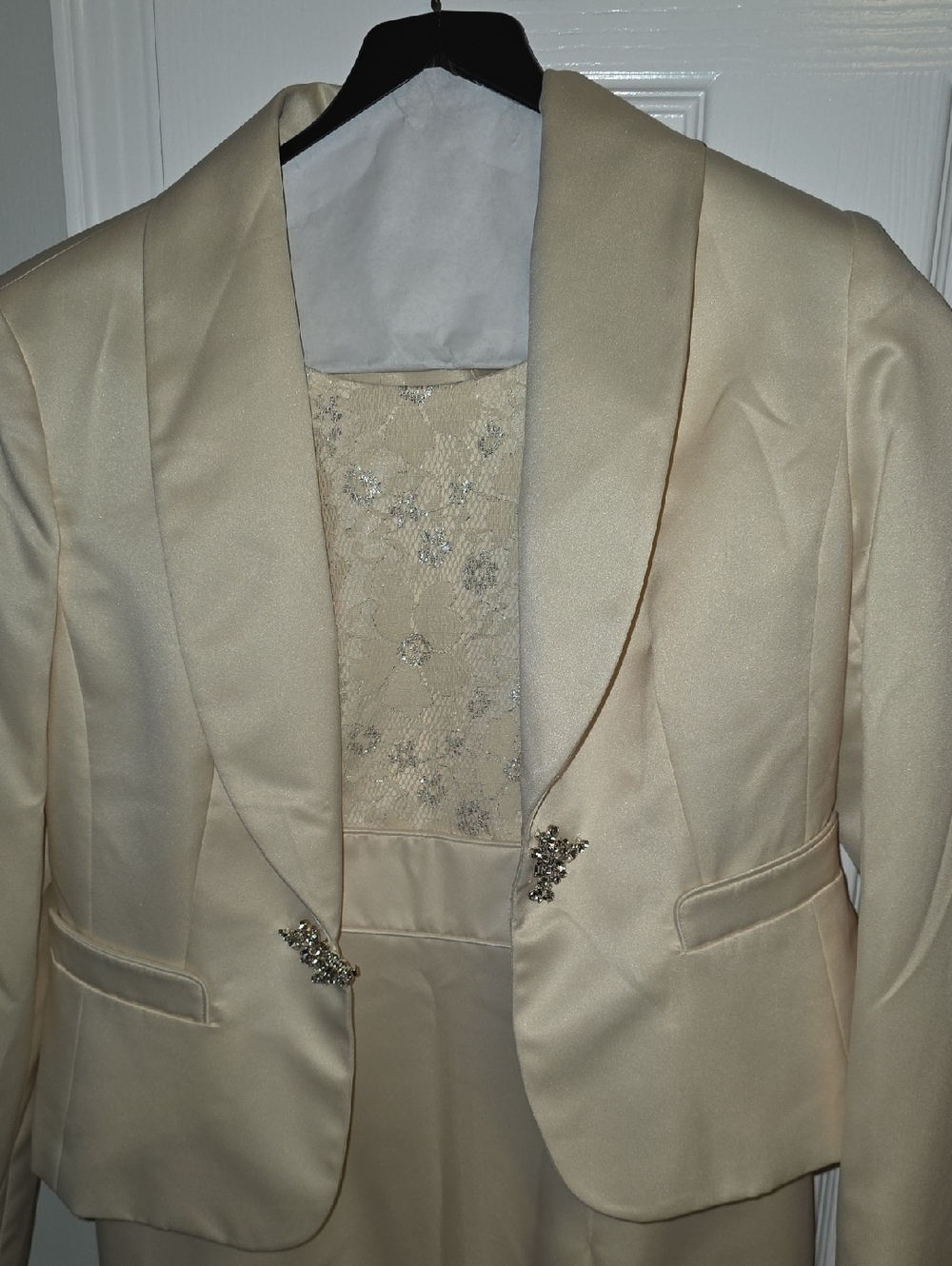 Kasper Cream Satin Two-Piece Dress with Jeweled Jacket